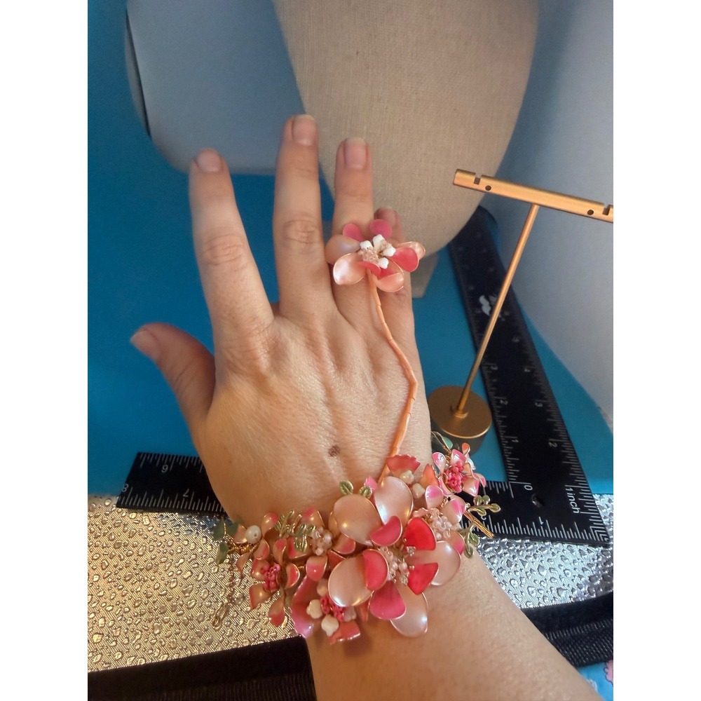 Pink Floral Bracelet Ring Hand Harness Enamel Flower Boho Statement‎ Jewelry